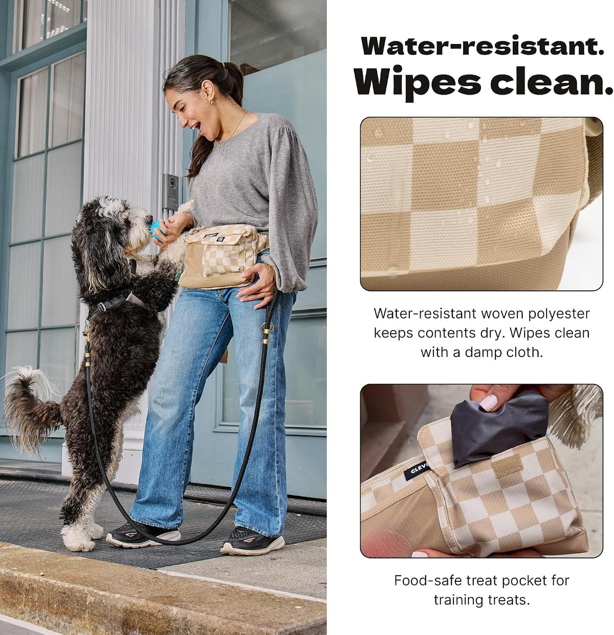 Cleverpup Walk & Train 2-in-1 Dog Walking Bag, Hands-Free - Tan Checkerboard - image 2