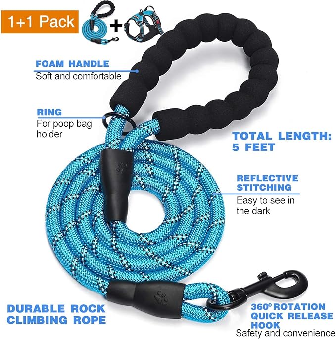 No Pull Dog Harness Adjustable Reflective Oxford Easy Control Medium Large Dog Harness with A Free Heavy Duty 5ft Dog Leash