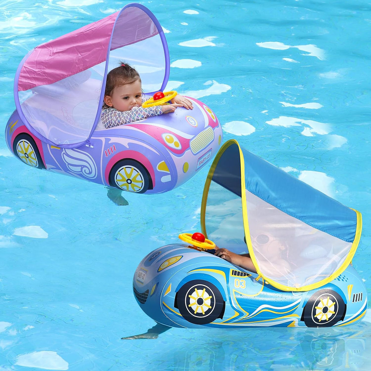 Toddler Float Inflatable Baby Swim Float with Canopy and Seat Pool - 2 Pack Steering Wheel with Canopy