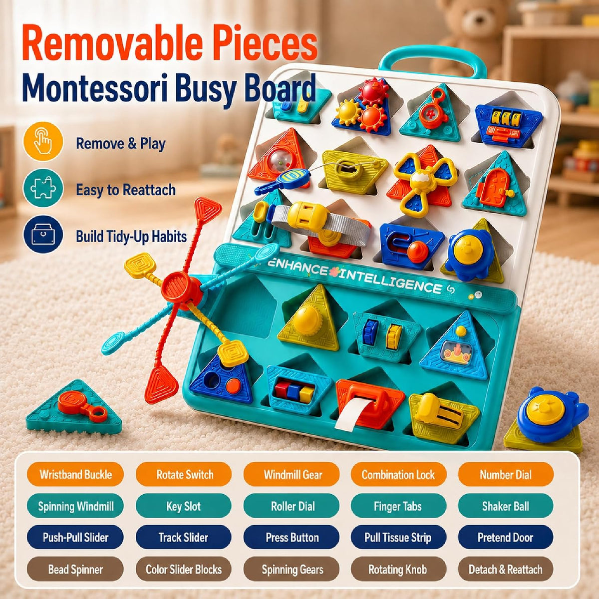 WYCYJU 10-sided busy cube for toddlers with spinner, steering wheel, gears and shift lever - view 5