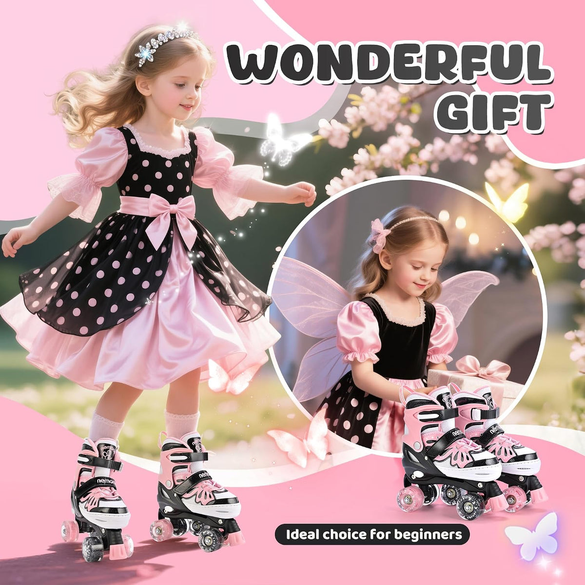 NEMONE Mermaid Adjustable Light up Roller Skates for Girls Boys – Fun for Kids & Family - G- Midnight Butterfly / Medium - Big Kid - image 2