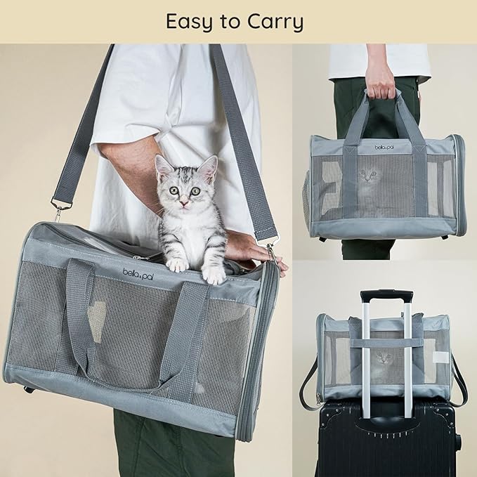 BELLA & PAL Cat Carrier Travel Bag, Airline Approved Lightweight Cat Carrier, Soft Sided Pet Carrier for Puppy Dogs Up to 18lbs, Collapsible Kitten Bag with Removable Waterproof Mat, Ventilated Mesh