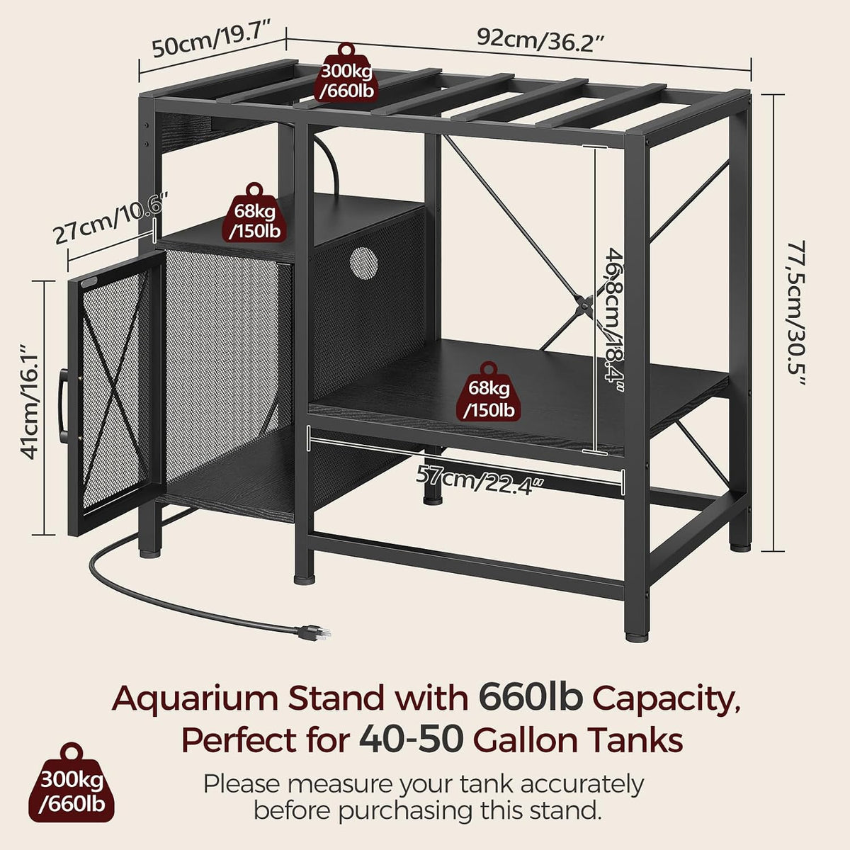 MAHANCRIS 40-50 Gallon Fish Tank Stand with Power Outlet and Storage – Essentials for Fish - Black / 40-50 Gallon - image 3