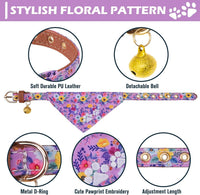 Dog Collar and Leash Set - Embroidery Floral Dog Bow Tie and Bandana Collar with Bell, Cute Flower - Floral Purple / Small - image 2