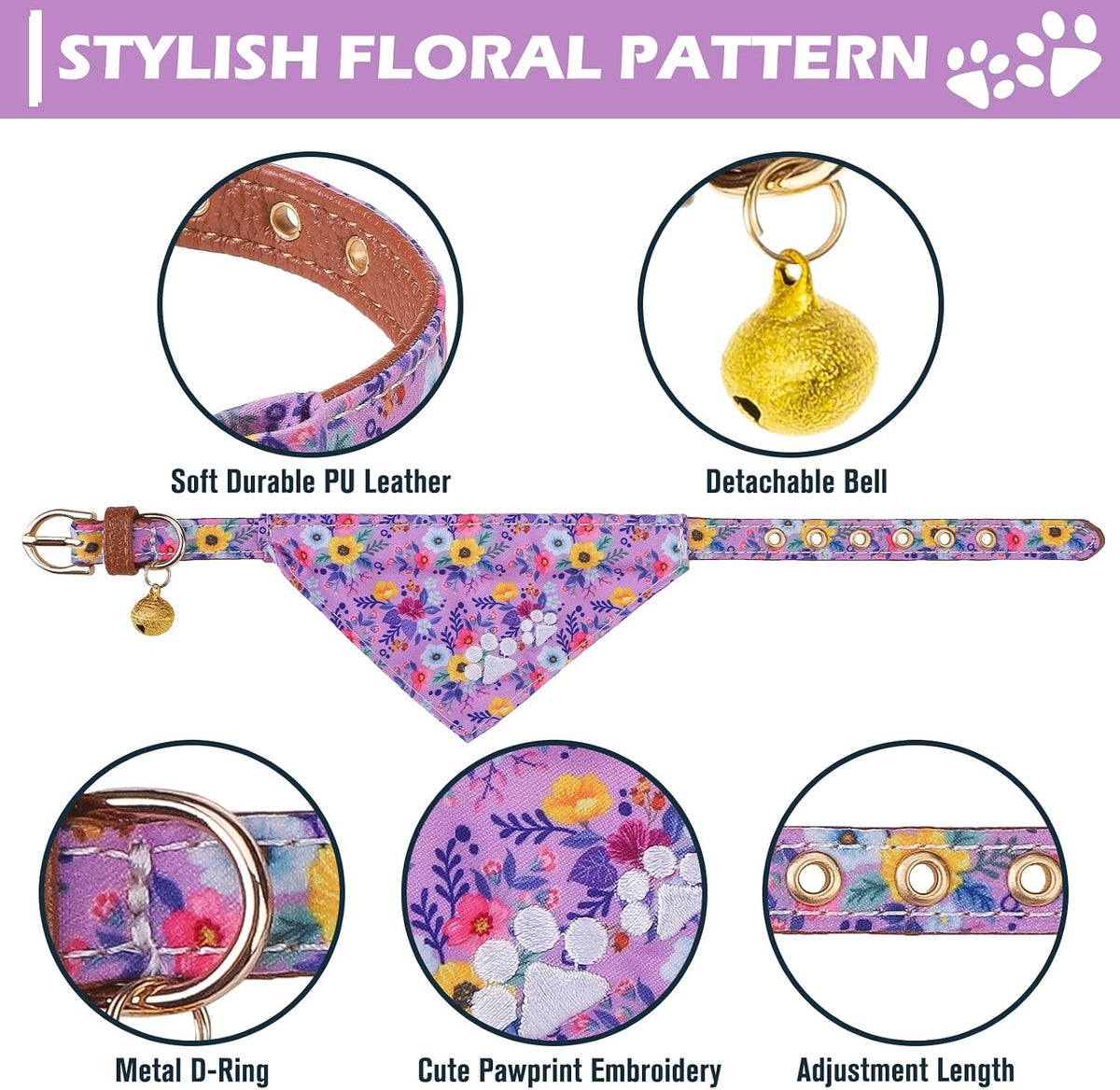 Dog Collar and Leash Set - Embroidery Floral Dog Bow Tie and Bandana Collar with Bell, Cute Flower - Floral Purple / Small - image 2