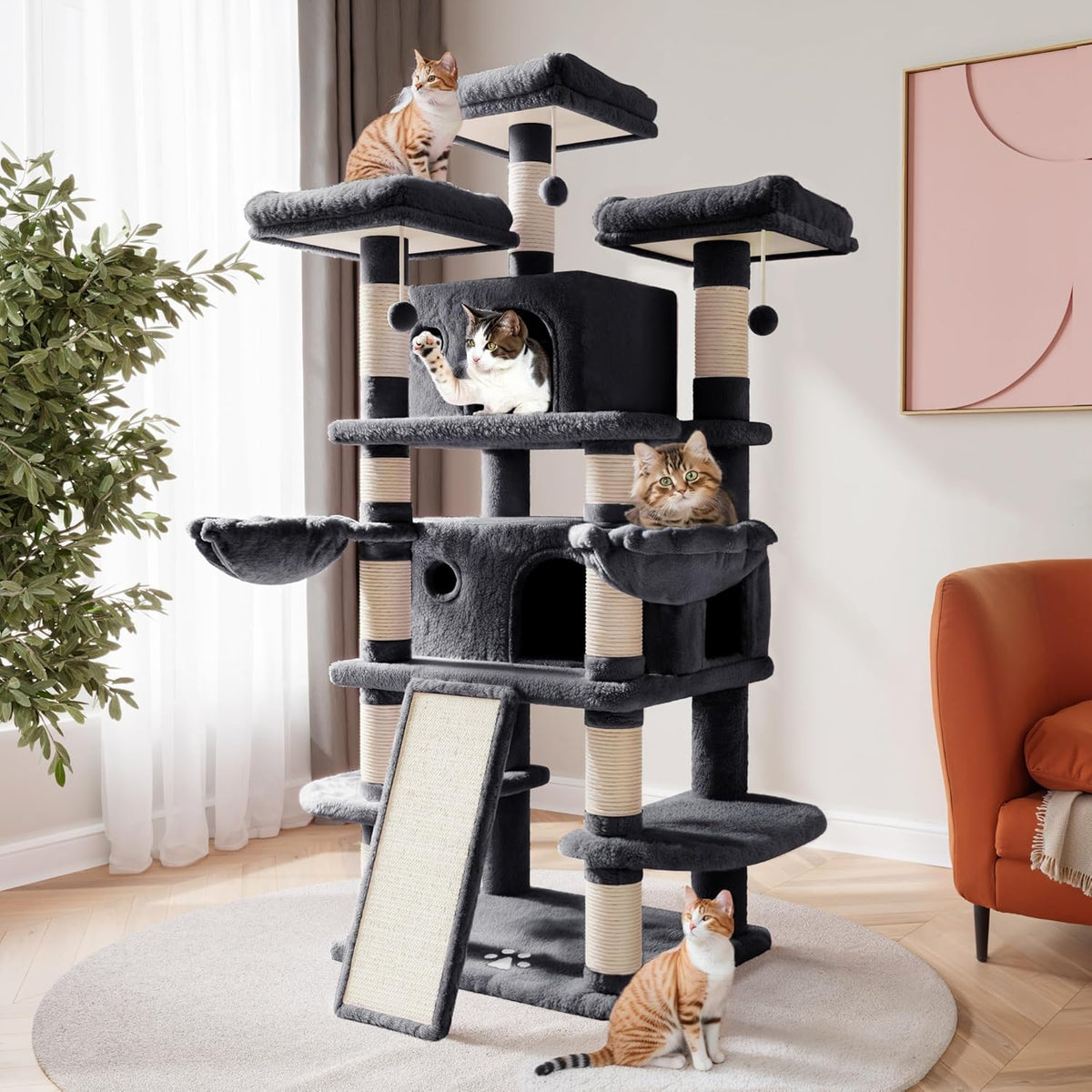 SHA CERLIN 68 Inches Multi-Level Large Cat Tree for Large Kitties/Big - 68in / Dark Grey