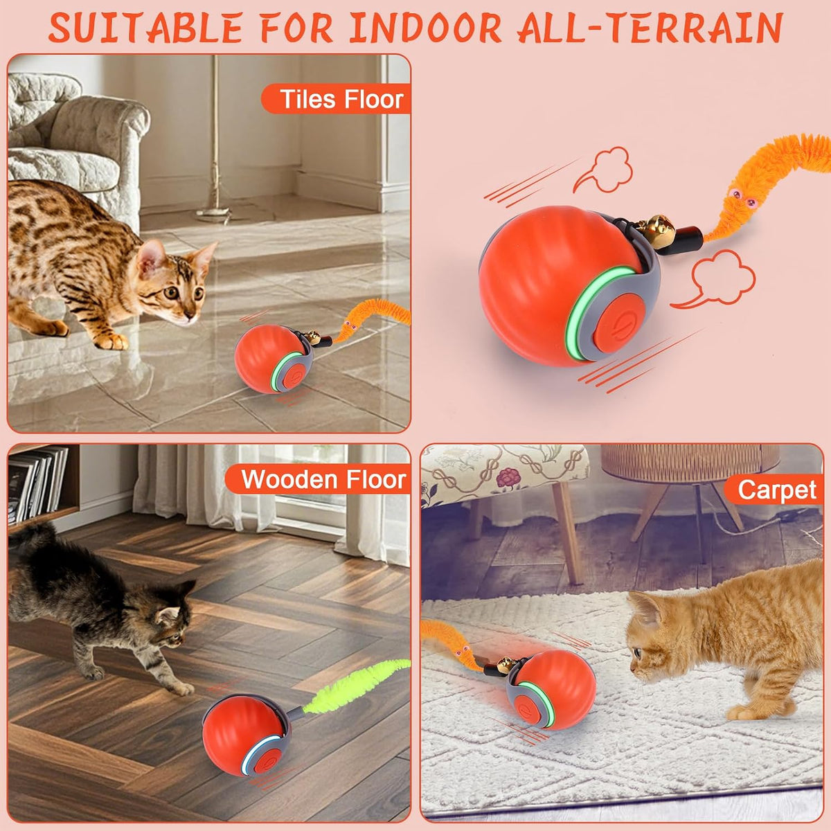 Interactive Cat Toy Ball - Automatic Interactive Cat Toys for Indoor Cats with 3 Tails, 2 Speeds - 2 Pack Blue+Orange - image 3