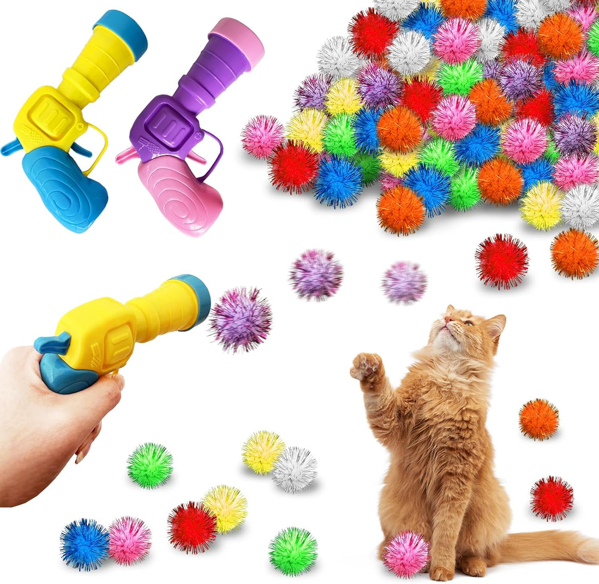 2 Cat Toy Launchers & 100 Cat Pom Pom Balls - Glitter