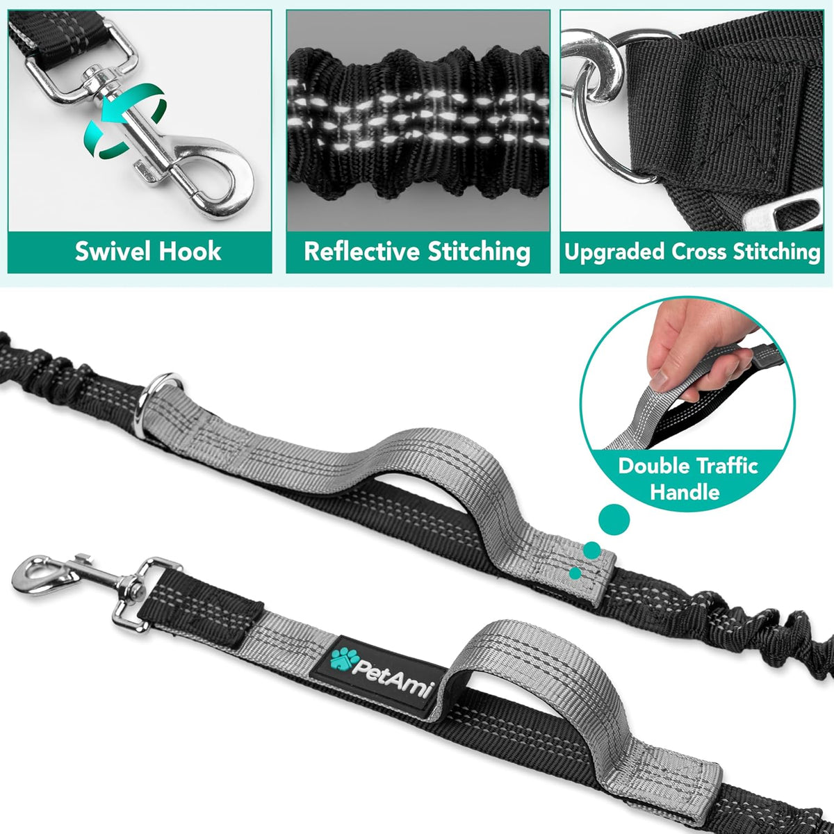 PetAmi Premium Hands Free Dog Leash for 2 Dogs - Charcoal Grey / 2 Leashes - image 4