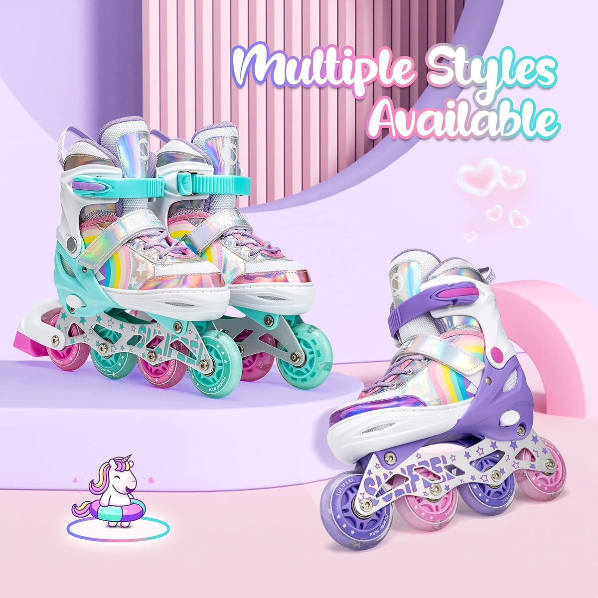 SULIFEEL Rainbow Unicorn Adjustable Kids Inline Skates for Girls Boys – Fun for Kids & Family - B Purple / Large - Youth - image 4