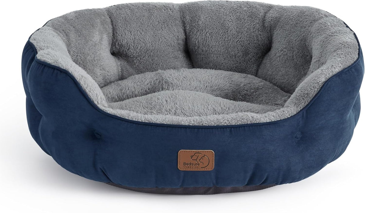 Bedsure Small Dog Bed Washable, Round Cat Beds for Indoor Cats - 25"L x 21"W x 8"Th / Navy