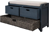 Storage Bench Removable Basket 2 Drawers Fully Assembled Acacia Wood Shoe Bench Standing Shoe Rack Removable Cushion for Living Room, Entrance Hallway, No Assembly Required Navy