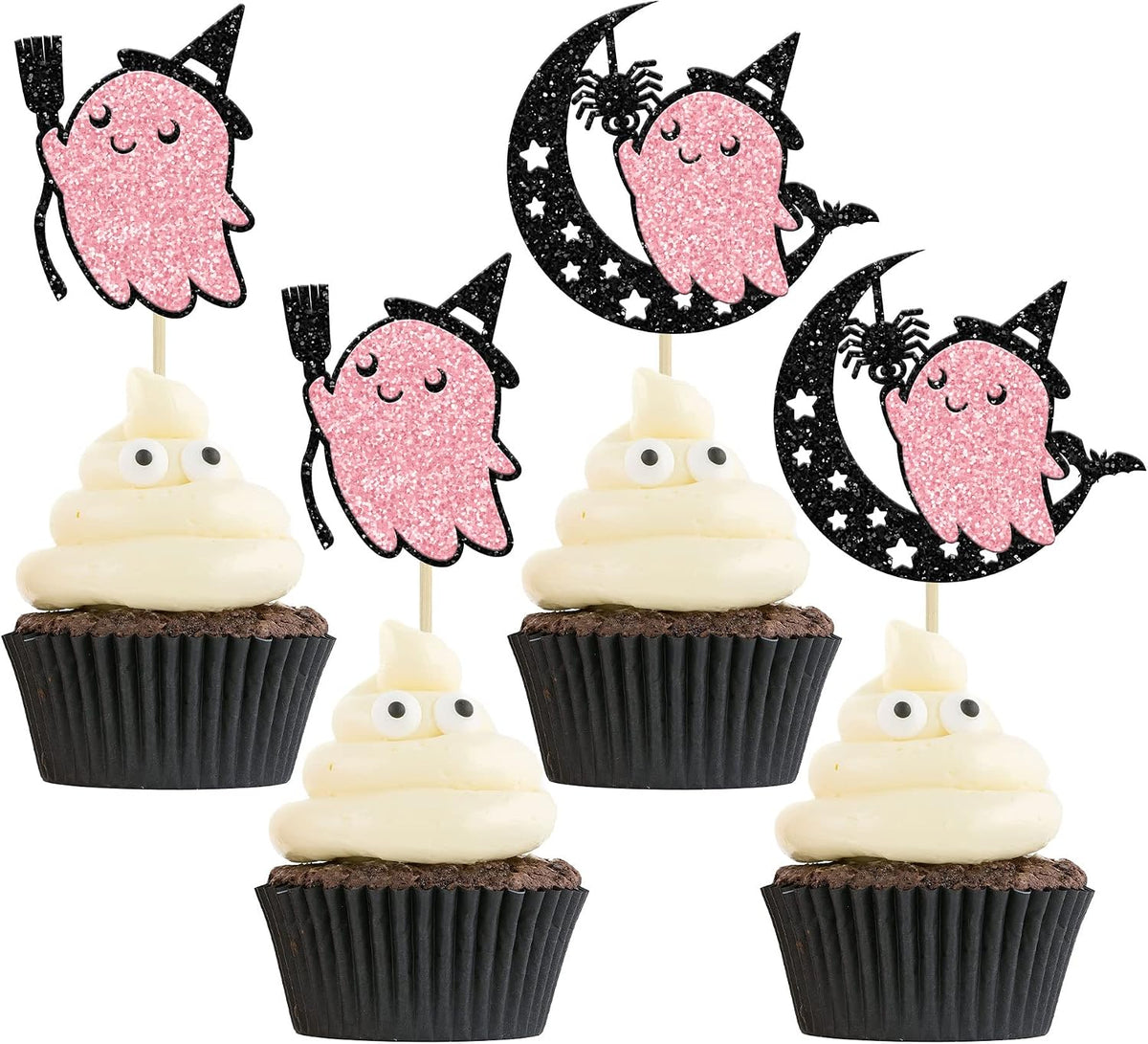 Ephlyn 24 white glitter ghost cupcake toppers for Halloween desserts - view 7