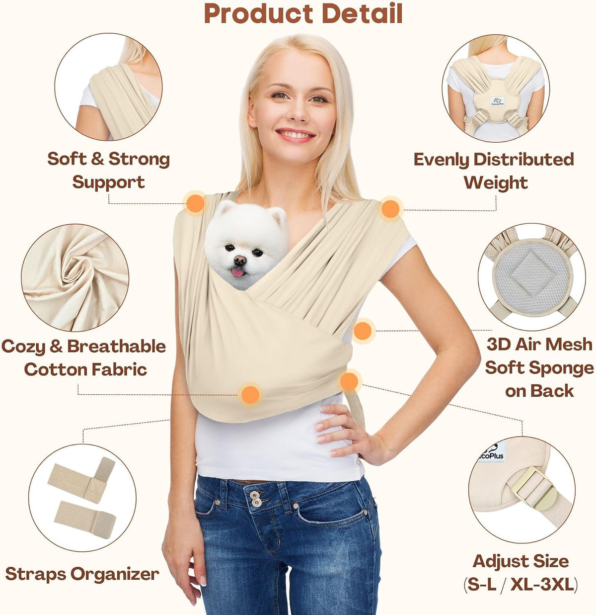 Small Dog Sling Carrier, Hands-Free - Beige / Regular - image 4