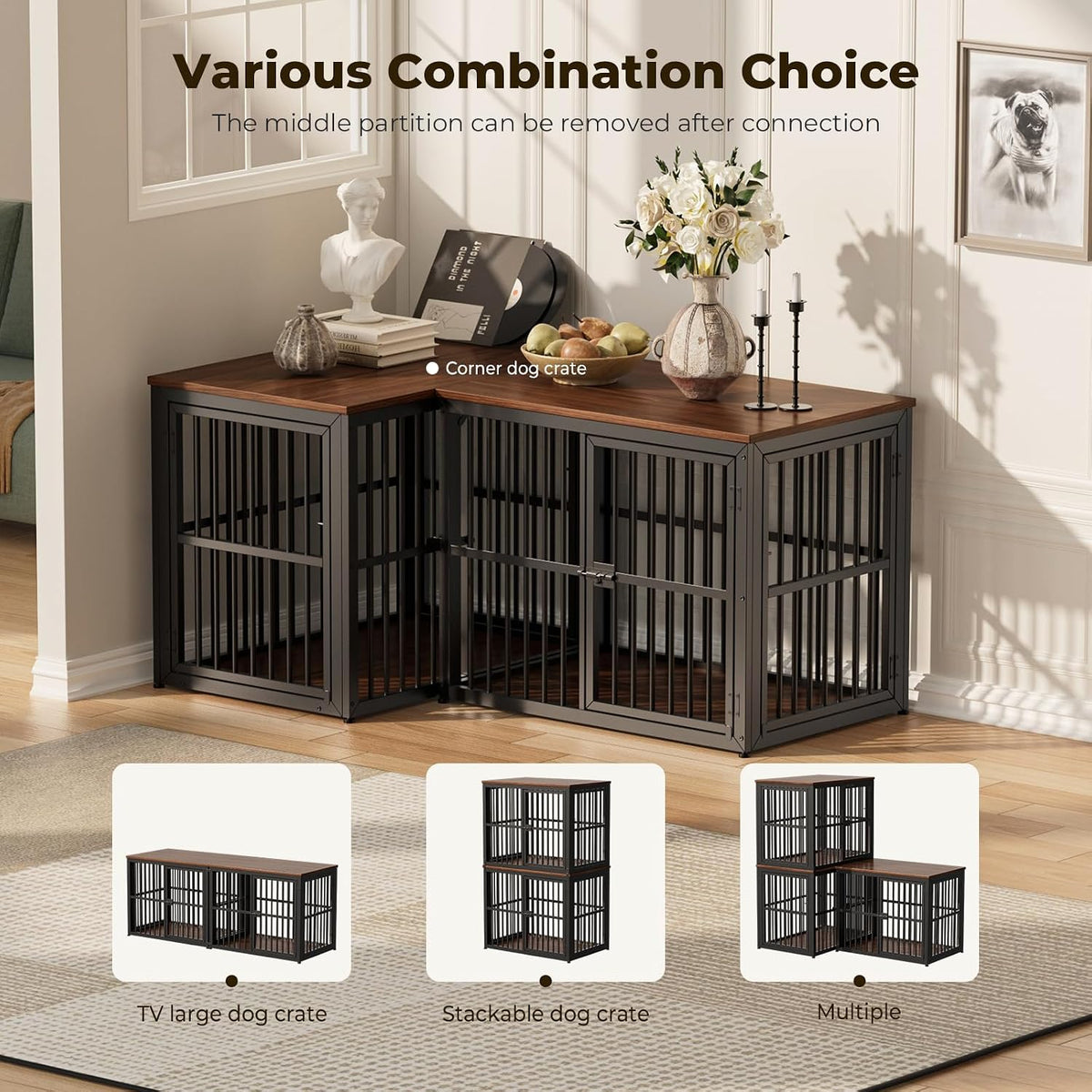 Lyromix 48'' XXL Dog Crate Furniture with 3 Doors for Large Dogs – Essentials for Dogs - Walnut / 33.1"L x 22.1"W x 26.0"H - image 2