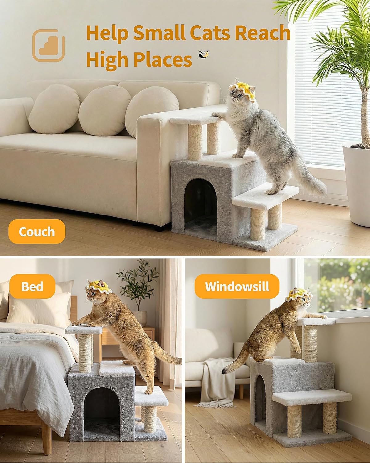 3-in-1 Pet Stairs for Cats, Dog Steps for Small Doggie Rabbits – Essentials for Cats - M-Beige - image 2