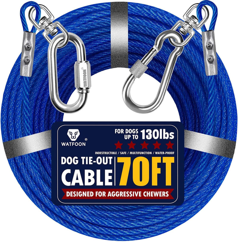 Dog Leads for Yard, 75ft Tie Out Runner Steel Wire Cable, Heavy Duty Pet Tether Chains for Dogs Up - 70ft-Blue