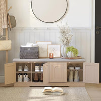 DINZI LVJ Shoe Bench, Entryway Storage Bench with Doors, Cushion, 2-Tier Shoe Rack with 8-Cubby, 47.2”L x 13.8”W Shoe Organizer Cabinet, Adjustable Shelf, Living Room, Bedroom Natural