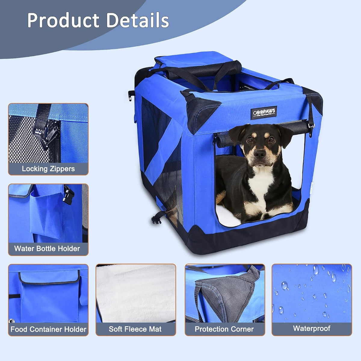 JESPET 3 Door Soft Dog Crates Kennel - 5-Blue / Large(30"L x 21"W x 23"H) - image 3