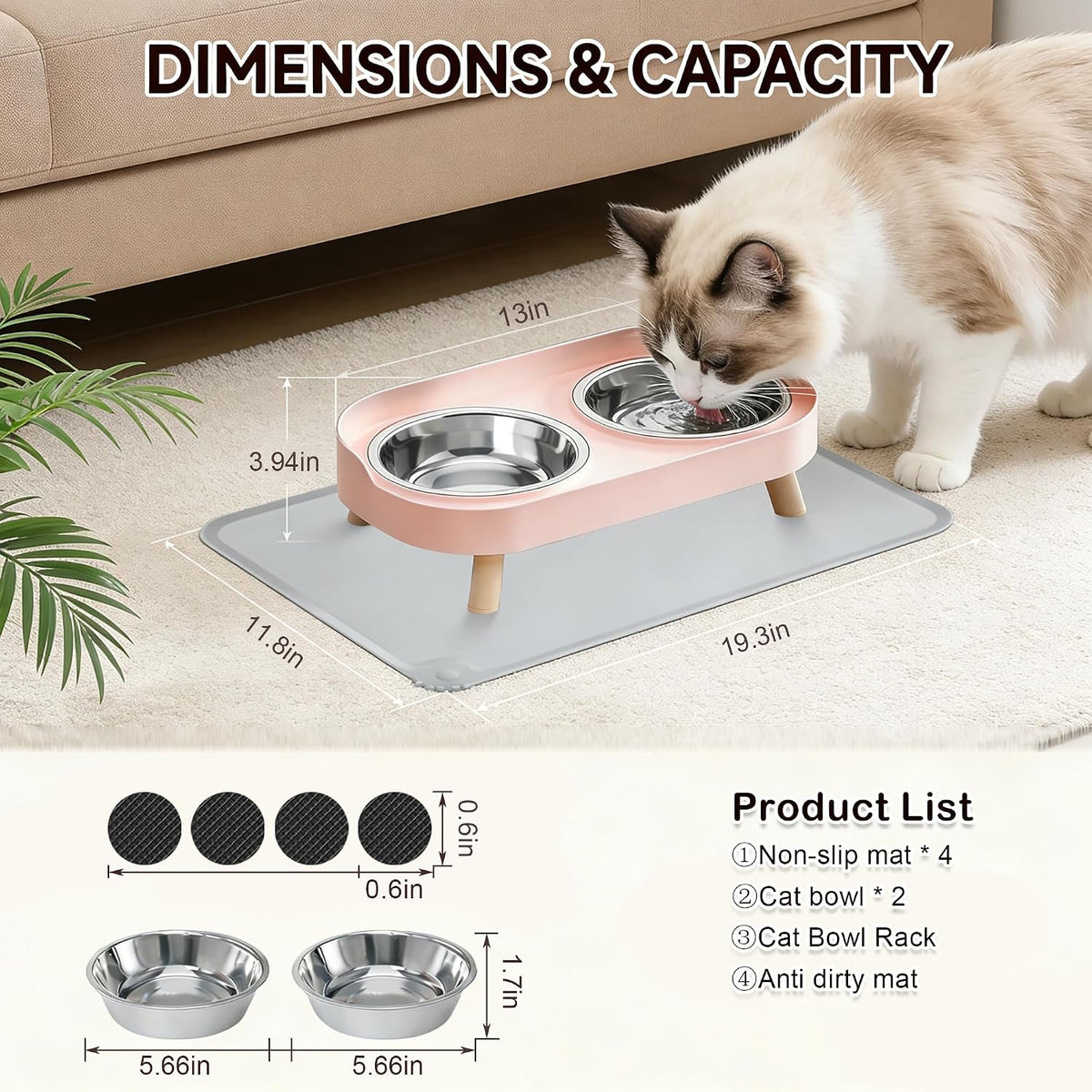 Elevated Cat Bowls with Food Mat - Pink - image 4