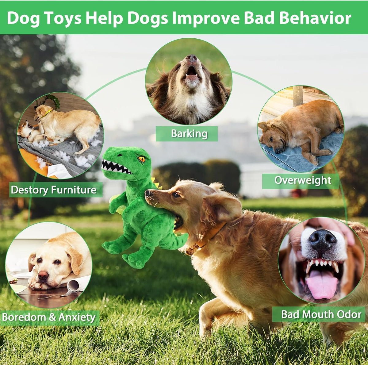 Squeaky Dog Toys for Large Dogs, Tough Tug of War Puppy Toy - Green / Dinosaur - image 4