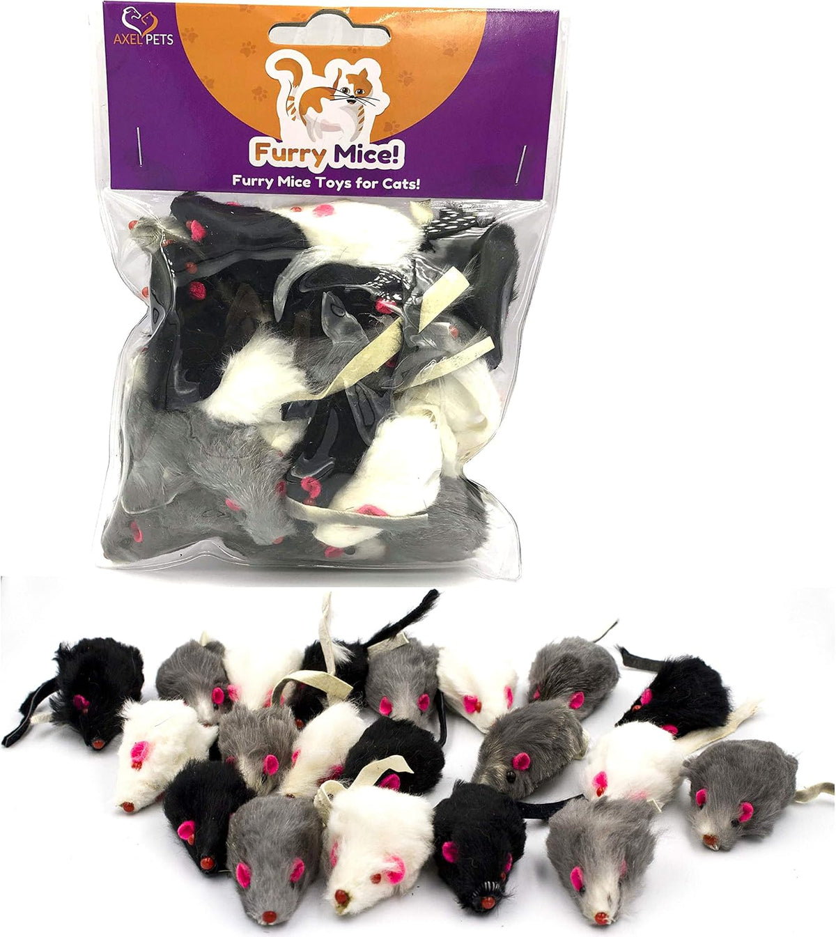 Pack of 20 handmade rabbit fur catnip mice cat toys with rattle in black, white and grey