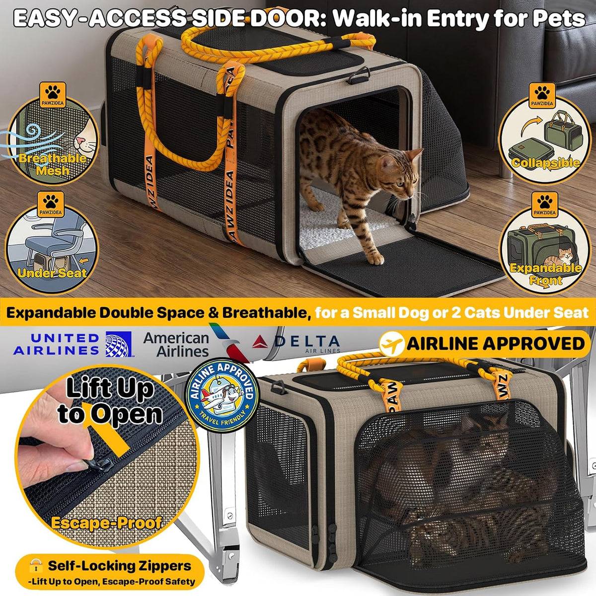 Expandable Pet Carrier for Small Cats & Dogs - 18.0"L x 11.0"W x 11.0"H / Khaki Plaid - image 3
