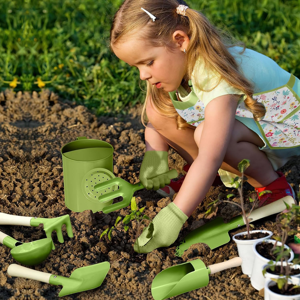 Qtioucp Kids Gardening Set 14Pcs Garden Tools with Tote Bag - Green-1 - image 4