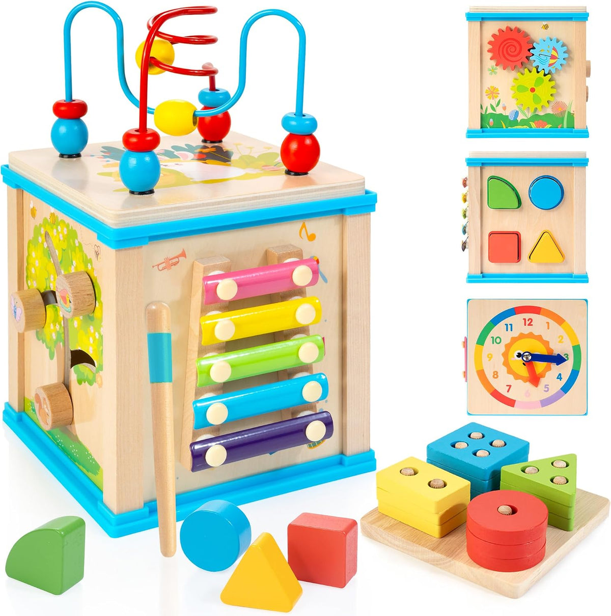 WOODMAM Wooden 7-in-1 Activity Cube - Blue