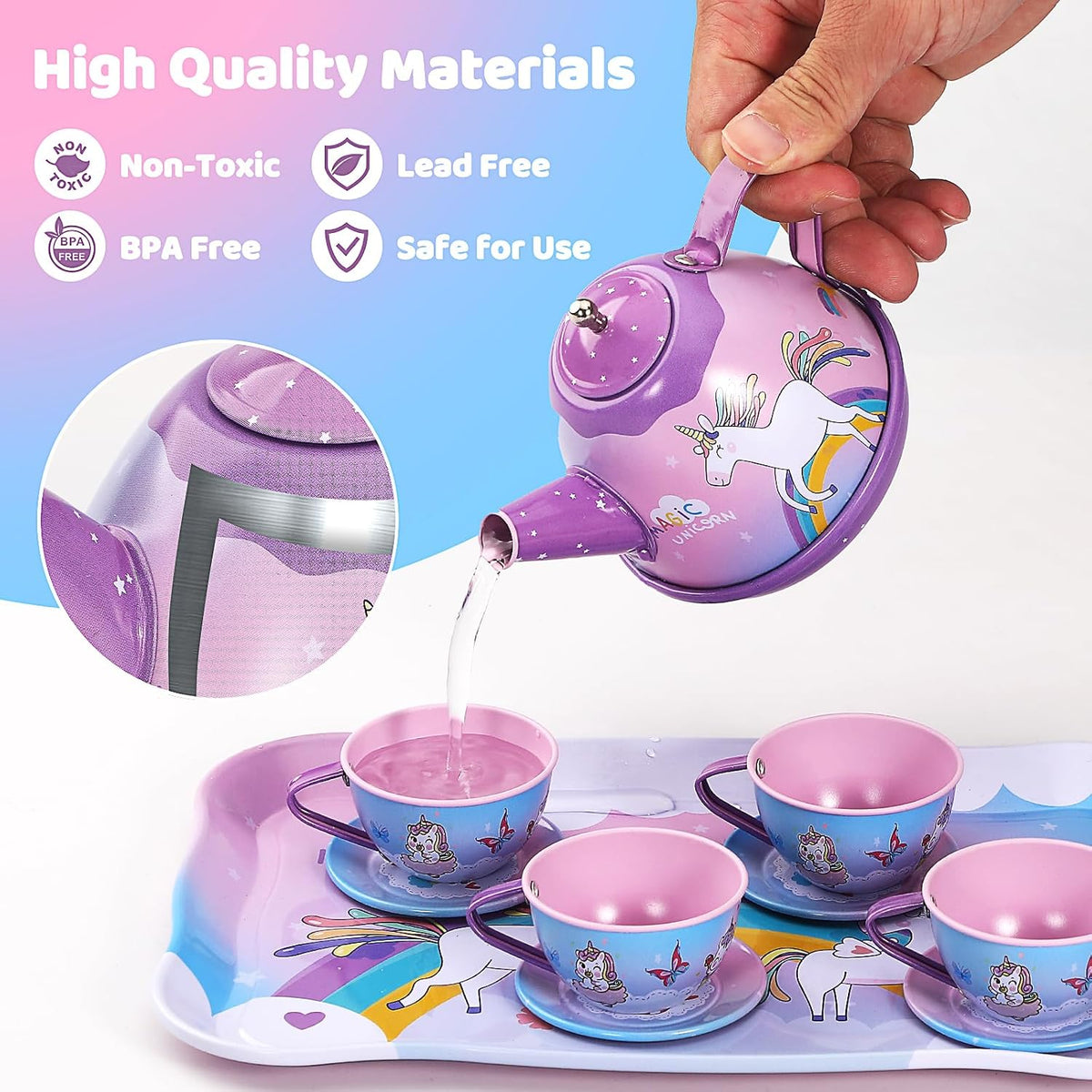 Quiet Flower 55 piece unicorn tea party set with teapot, cups, cake stand and storage box - view 3