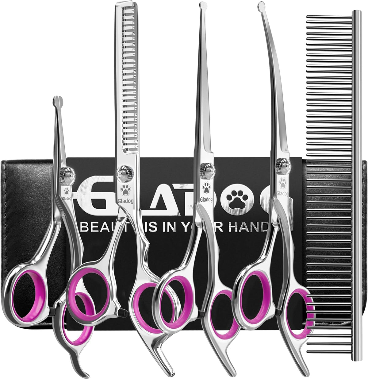 Dog Grooming Scissors Kit with Safety Round Tips - Pink
