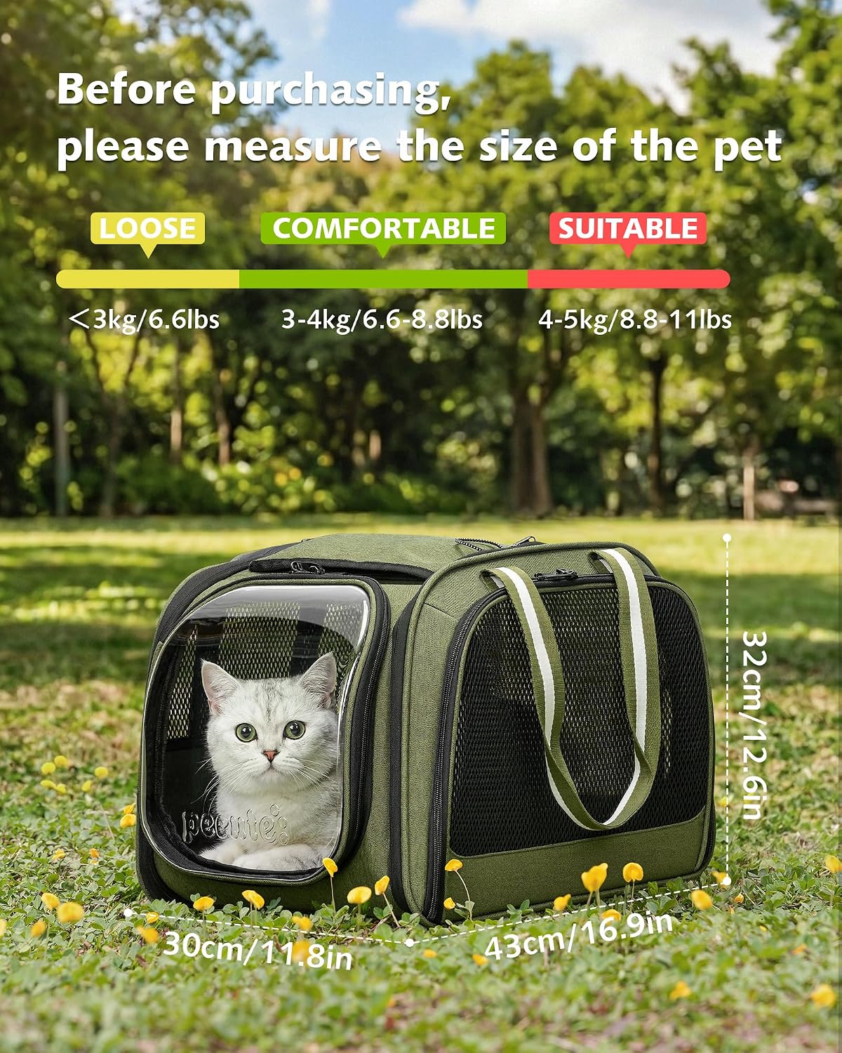 Pecute Cat Carrier, Double Bubble Pet Carrier for Cat Small Dogs - 16.9"L x 11.8"W x 12.6"H / Dark Green - image 4