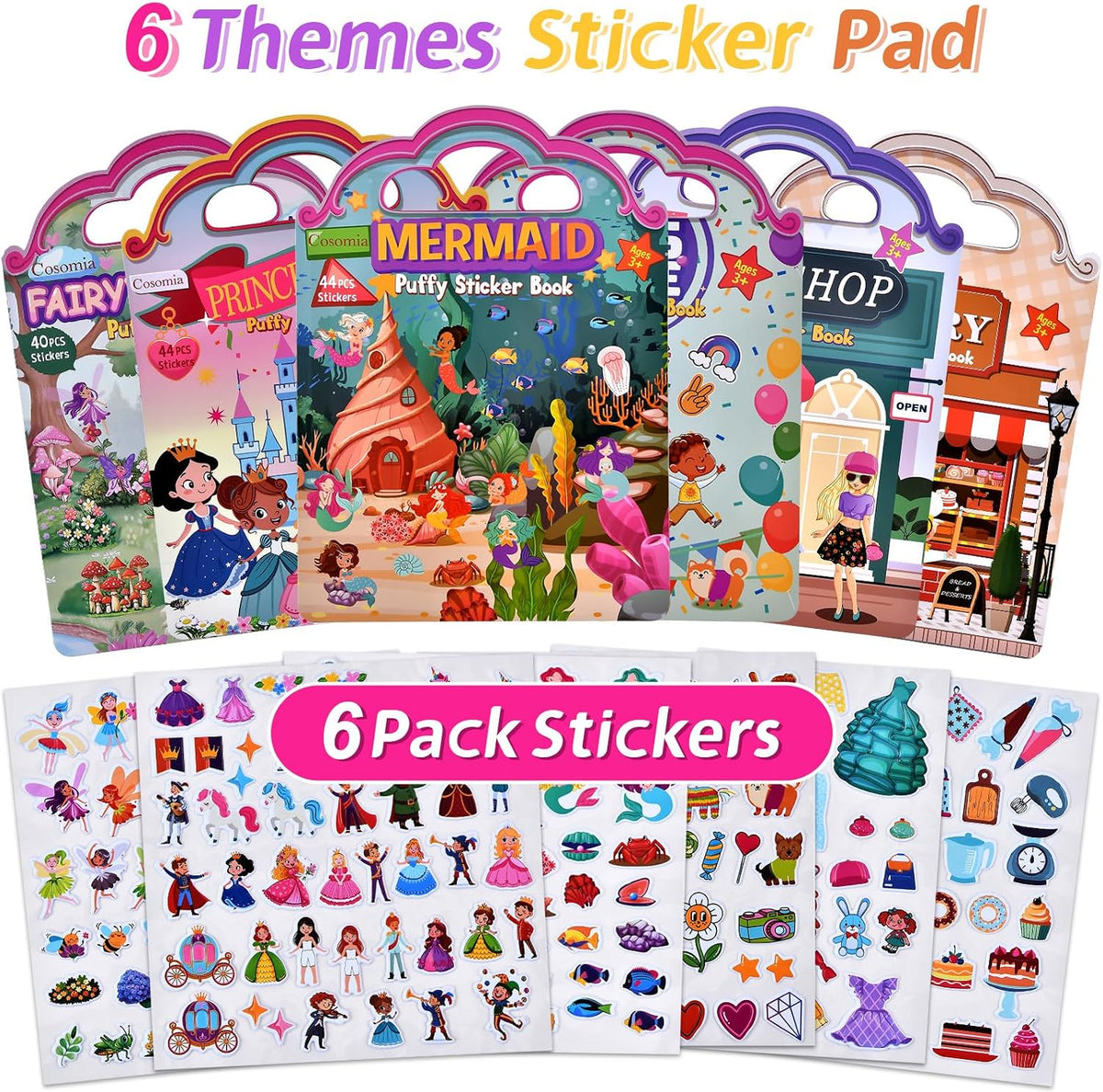 Cosomia 6 reusable puffy sticker books with princess, mermaid and garden themes - view 6