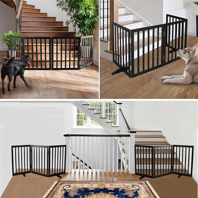 ZJSF Freestanding Indoor Dog Gate for House Foldable Wood Puppy Gate for Doorways Pet Gate for Stairs Extra Wide Pet Fence, Black, 24" Height 4 Panels