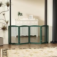 Freestanding Pet Gate for Dogs, Indoor Wooden Dog Gate for House, Foldable Dog Gate for Doorway, Stair, Step Over Pet Puppy Safety Fence Tall, 80 Inch Wide, 4 Panels 32", Green