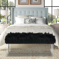 46 Inch Black Bedroom Bench, Benches for Bedroom White Faux Fur Upholstered Bed end Bench, Tufting Bench Indoor Bench with Acrylic Legs for Living Room Bedroom Dining Room Entryway, Black
