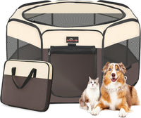 Aivituvin Dog Playpen, Foldable Pet Play Pens with Carrying Bag for Cat, Puppies, Rabbits, Portable - M / Brown