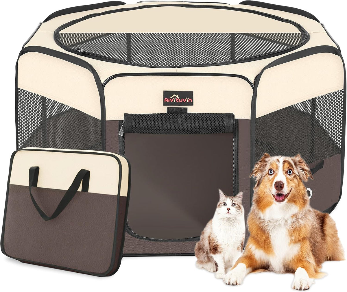 Aivituvin Dog Playpen, Foldable Pet Play Pens with Carrying Bag for Cat, Puppies, Rabbits, Portable - M / Brown