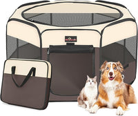 Aivituvin Dog Playpen, Foldable Pet Play Pens with Carrying Bag for Cat, Puppies, Rabbits, Portable Dog Tent Crates Cage for Travel Camping Indoor Outdoor, Removable Shade Cover, Brown L