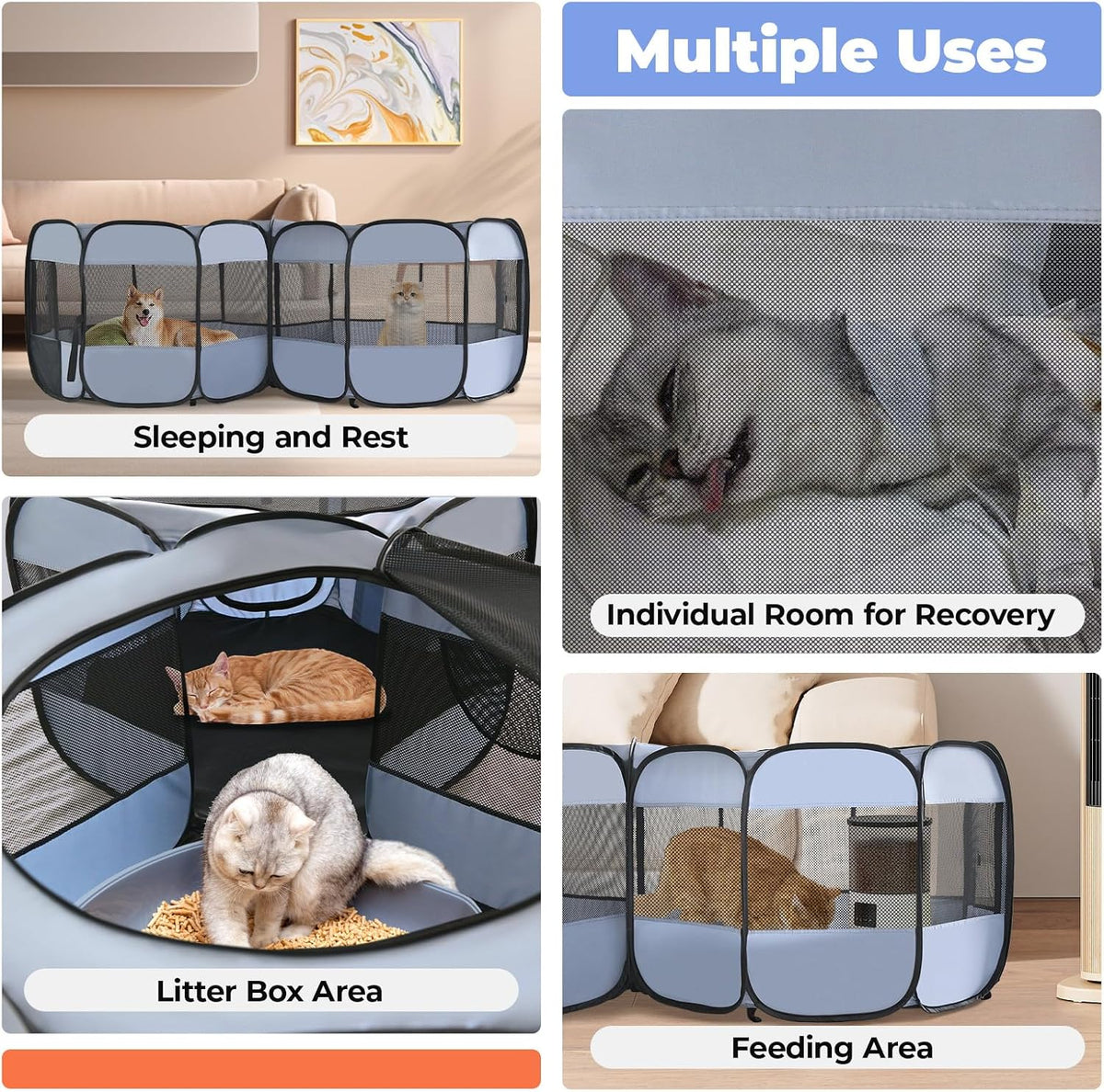 2-in-1 XLarge Cat Playpen - Grey / Round / L, 83.5"L x 41.4"W x 32.3"H - image 3