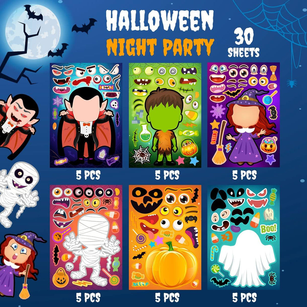 60 Packs Halloween Stickers Pumpkin Decorating Kit - 30pcs Halloween Sticker - image 2