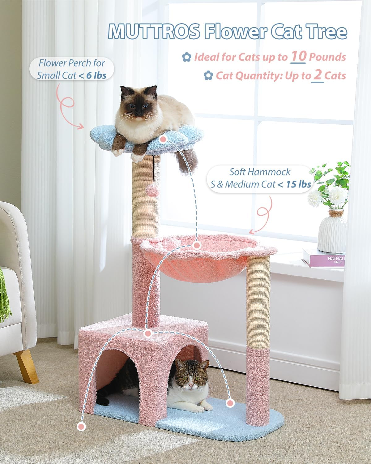 Flower Cat Tree with Large Metal Frame Hammock - 35" Upgraded Flower Cat Tree / Blue - image 2