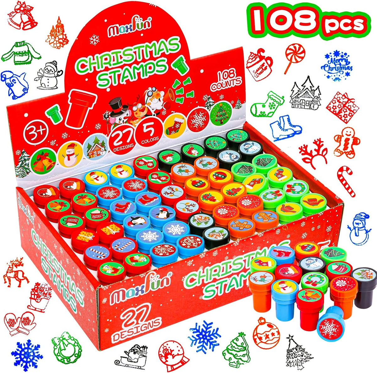 Max Fun 108 pack Halloween stamps for kids in 27 designs including pumpkins, ghosts and bats