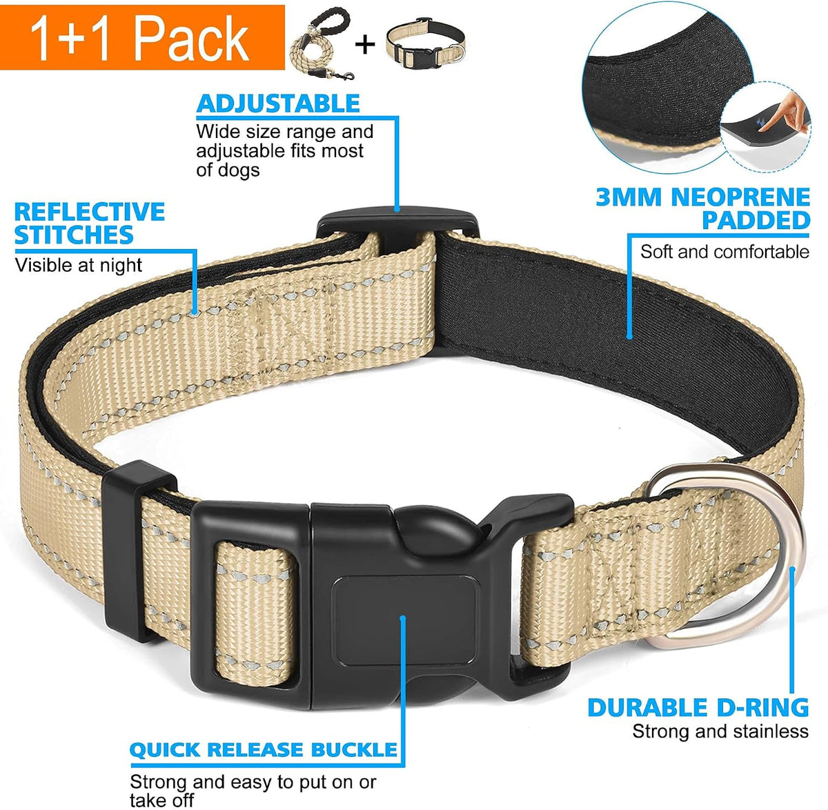Ladoogo Reflective Dog Collar Padded with Soft Neoprene - Beige / Medium - image 3