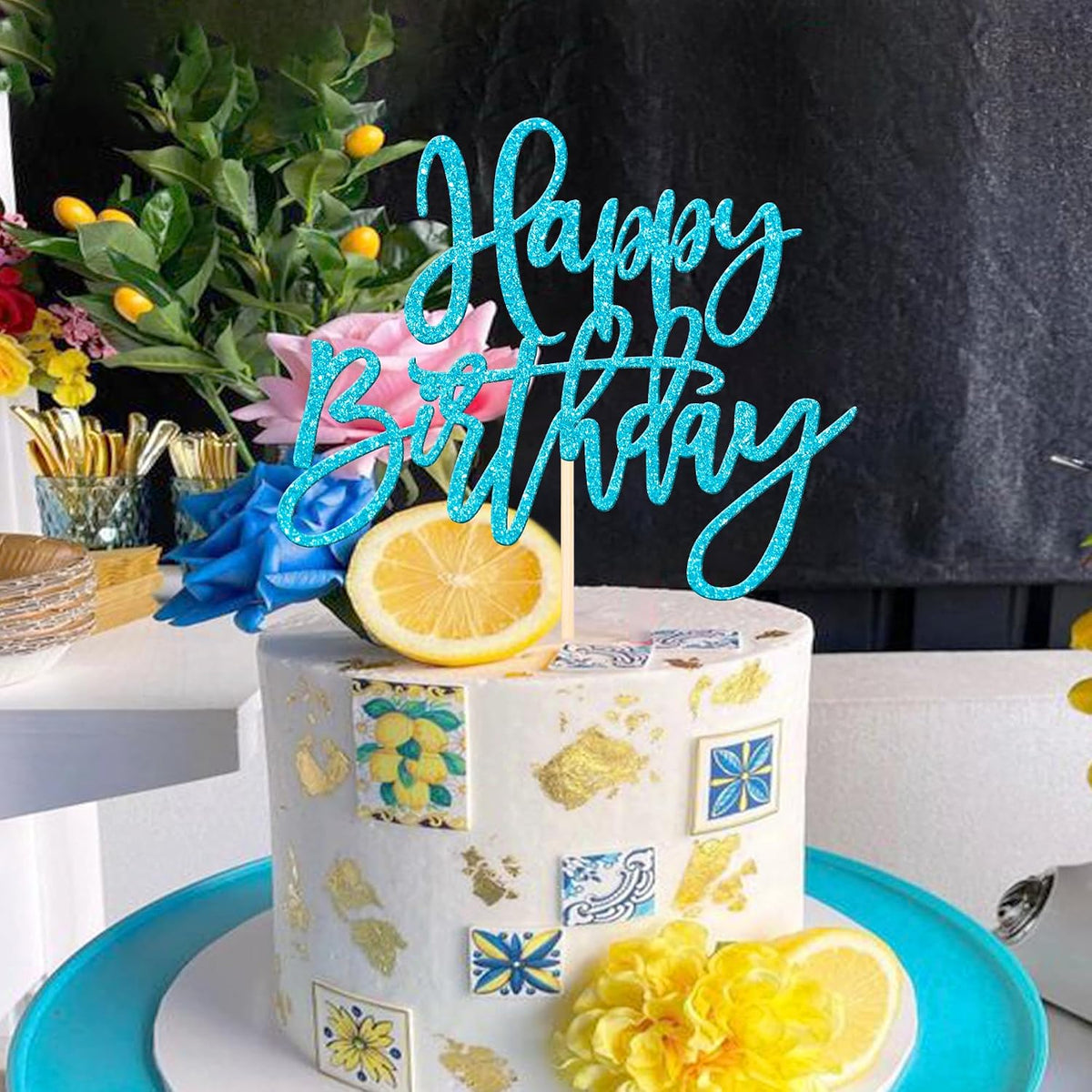 ZHUOWEISM 1 PCS Gold Happy Birthday & Anniversary Cake Topper – Fun for Kids & Family - Light Blue - image 4
