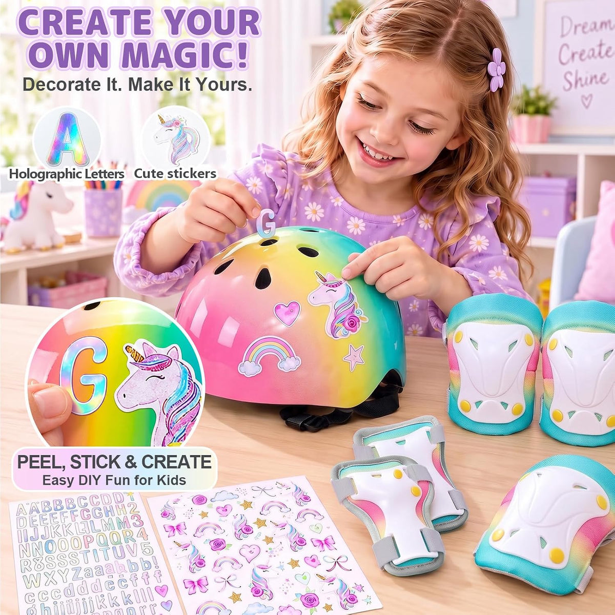 Unicorn Catcher Kids Helmet and Knee Pads Set - Pink Green / Small: 3-8 year - image 3