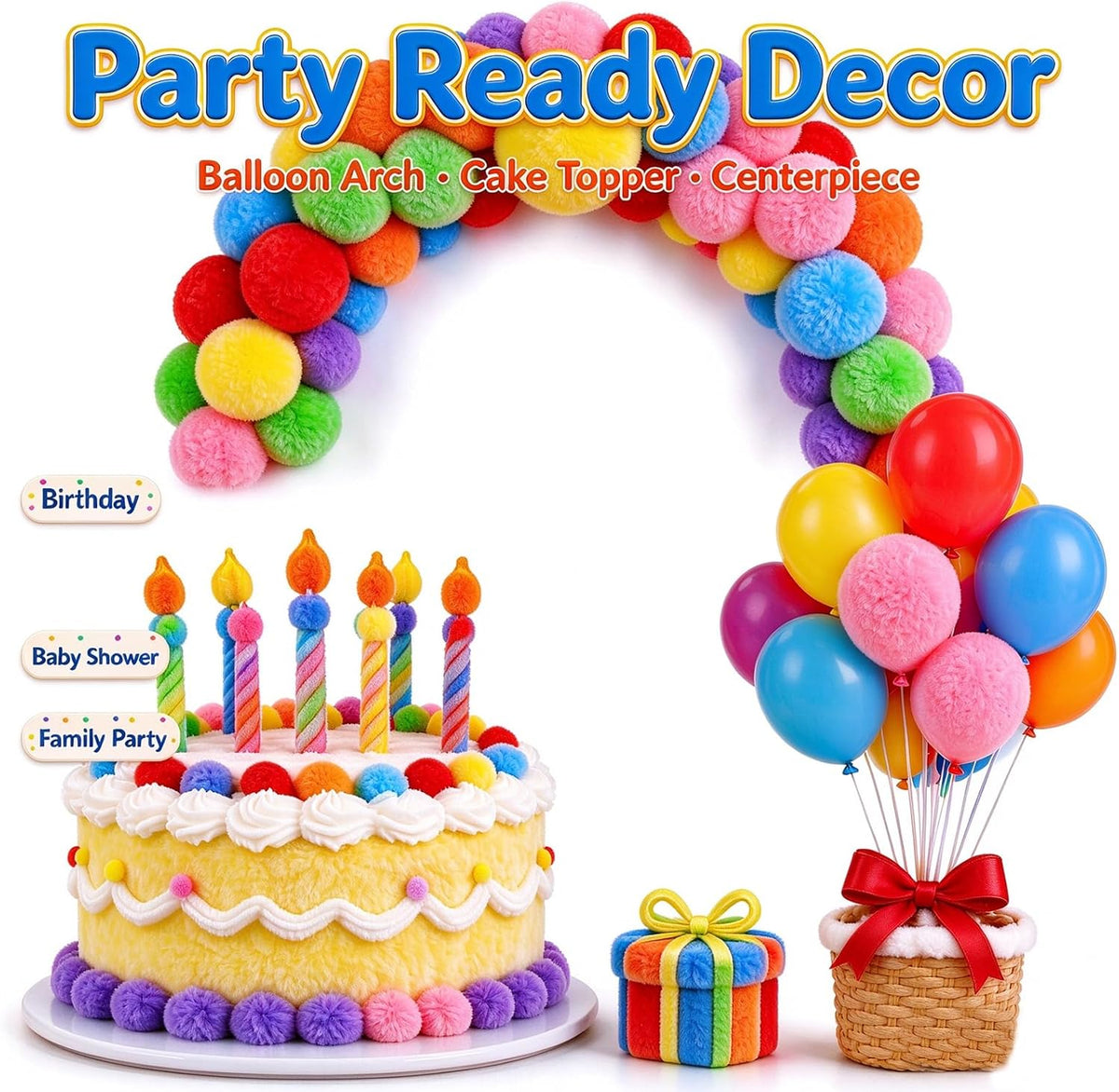 Zddaoole 120 large craft pom poms in red, blue, green, purple, orange and yellow - view 4