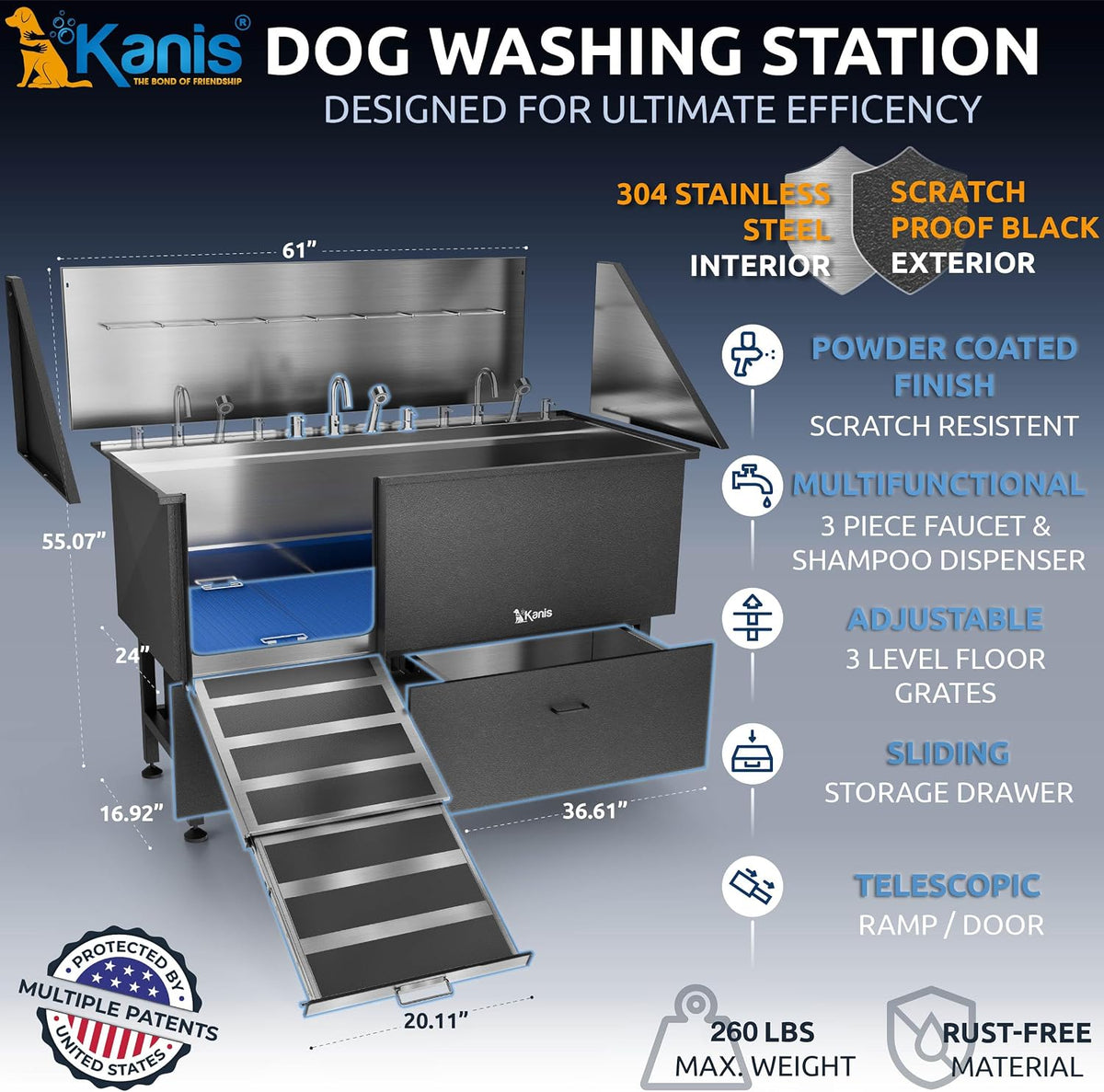Professional Dog Washing Station 304 Stainless Steel Pets Grooming Tub – Essentials for Dogs - Black, Left Ramp, 2 Drawer / 61 Inches - image 2