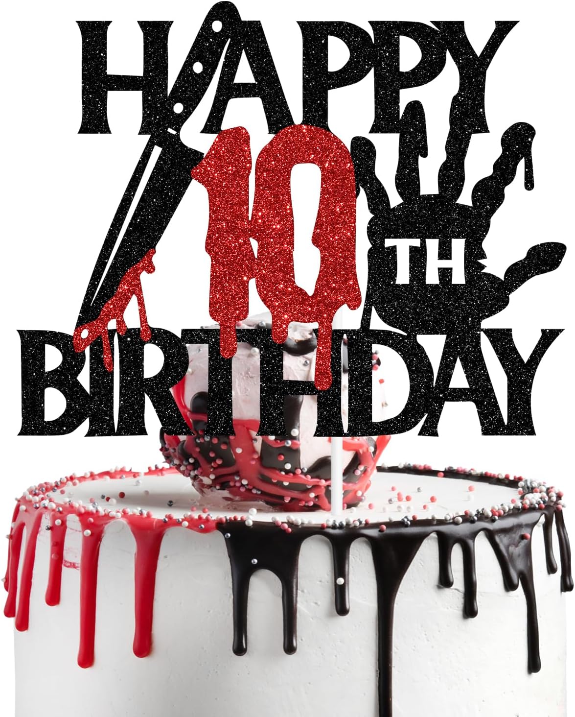 Black glitter Killer Happy 13th Birthday cake topper for a horror Halloween party