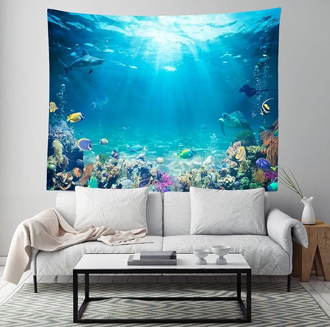 Loccor Underwater World Tapestry Blue Ocean Wall Hanging Under the Sea Coral Reef Wall Tapestry 236x118 Inches Tropical Fish Tank Undersea Tapestries Marine Wall Art for Bedroom Living Room Dorm Decor